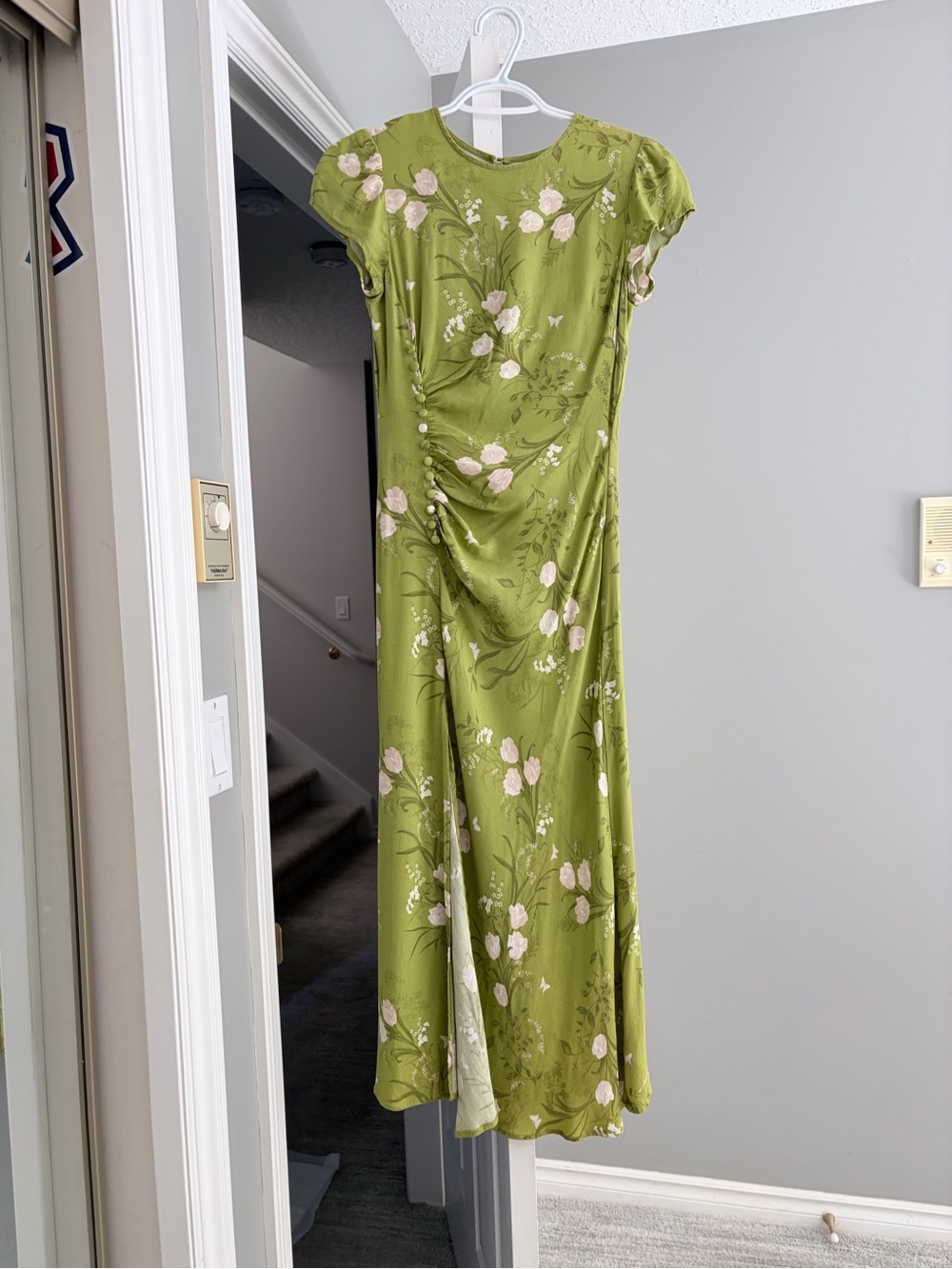 Reformation Olive Green Dress with Pale Pink Floral Print